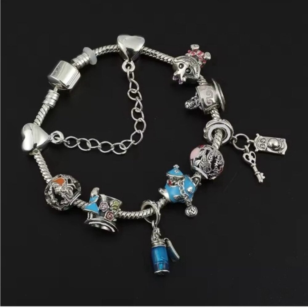 925 Sterling Silver Plated Alice In Wonderland Themed Loaded Charm Bracelet